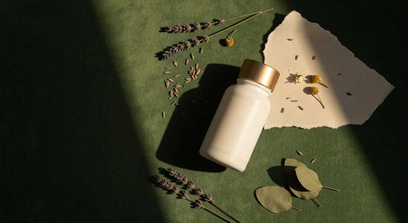 A white compounding bottle with a brass cap on green felt, beside dried lavender and eucalyptus